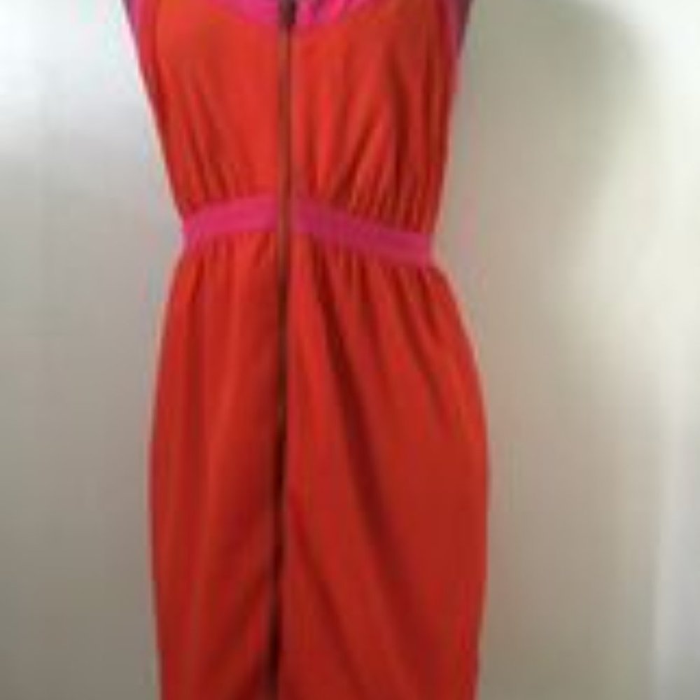 FOREVER FASHION Orange Women Lined Empire Dress Pink Straps Front Zip 12 GUC